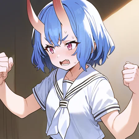 score_9, source_anime,
1girl, oni horns, blush, sweat, annoyed, open mouth,
looking away, skin fang,
school uniform, short sleeves, serafuku,
pink eyes, blue hair, short hair,
<lora:houtengeki ponyDiffusionV6XL_v6StartWithThisOne 8x16 AdamW8bit__cosine__1708954172_dim4_sv_fro_dp0.8:1>