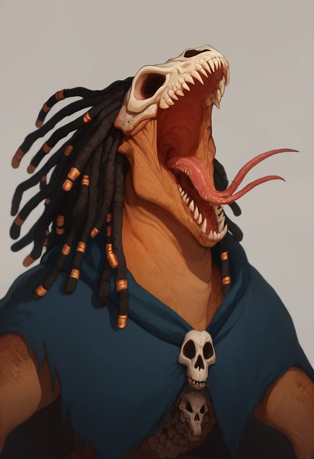 <lora:kyuyong-v2:0.9> kyuyongeom, score_9, score_8_up, score_7_up, ultrawide angle shot, 1boy, solo, animal skull head, screaming, lizard split tongue, fangs, head closeup, dreadlock hair, claws, cloak, protruding bones body, horror atmosphere,