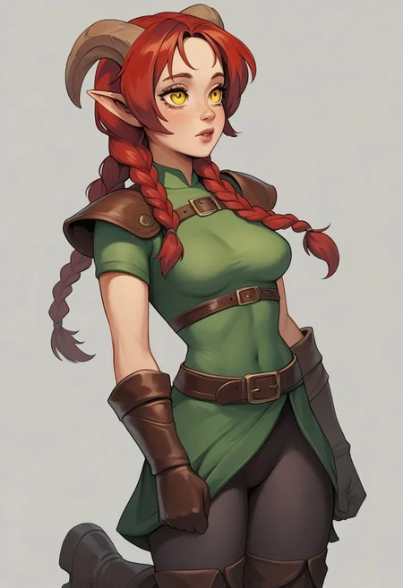 score_9, score_8_up, score_7_up, extremely detailed, 1girl, tiefling, light purple skin, yellow eyes, slender, medium breasts, long messy red hair, braided twintails, bangs, wearing a short green tunic, brown leather wristguards, brown leather cuffed boots, hattiezazu