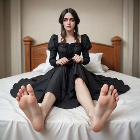 score_9, score_8_up, score_7_up, score_6_up, score_5_up, score_4_up, BREAK,  1girl, cute, pretty, long black hair, 20y old, delicate face, beautiful, barefoot, soles, soles focus, showing feet, lifted legs, black dress, barefoot,  sitting, luxurious, elegant room, bed, red sheet, victorian, Rich, Clutter, realistic, detailed