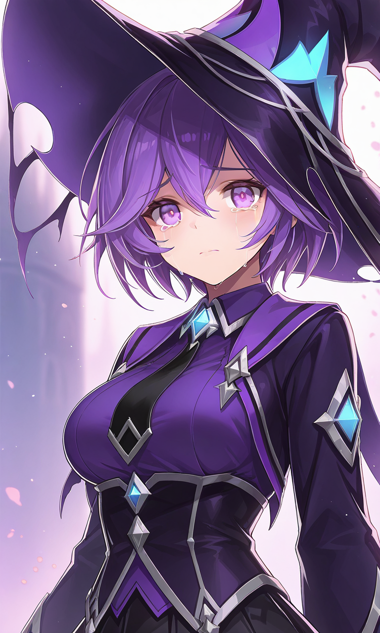 best quality, masterpiece, amazing quality, 1girl, solo, (upper body:1.5), Phantom Warlock, black witch hat, purple eyes, purple hair, short hair, black footwear, black skirt, torn thighhighs, crying, tear, purple shirt, looking at viewer, closed mouth
