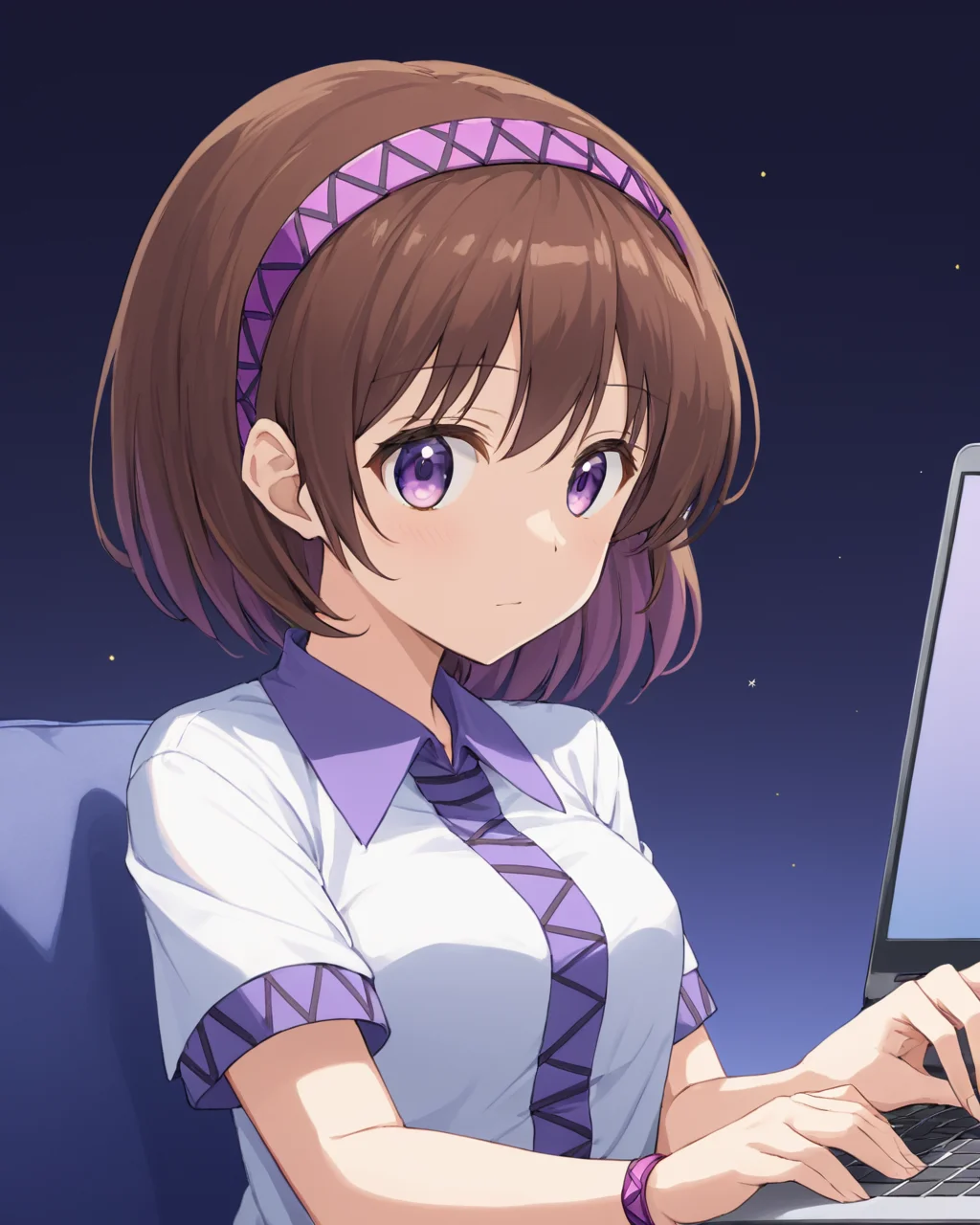 tsukumo yatsuhashi,1girl, solo, laptop, sitting, short_sleeves, upper_body, purple_hairband, white_shirt
<lora:tsukumo_yatsuhashi_image372_2023-12-20-000025:1>,star-shaped_pupils,symbol-shaped_pupils,. gorgeous,key visual, vibrant, studio anime,award-winning, professional, highly detailed,high budget, cinemascope