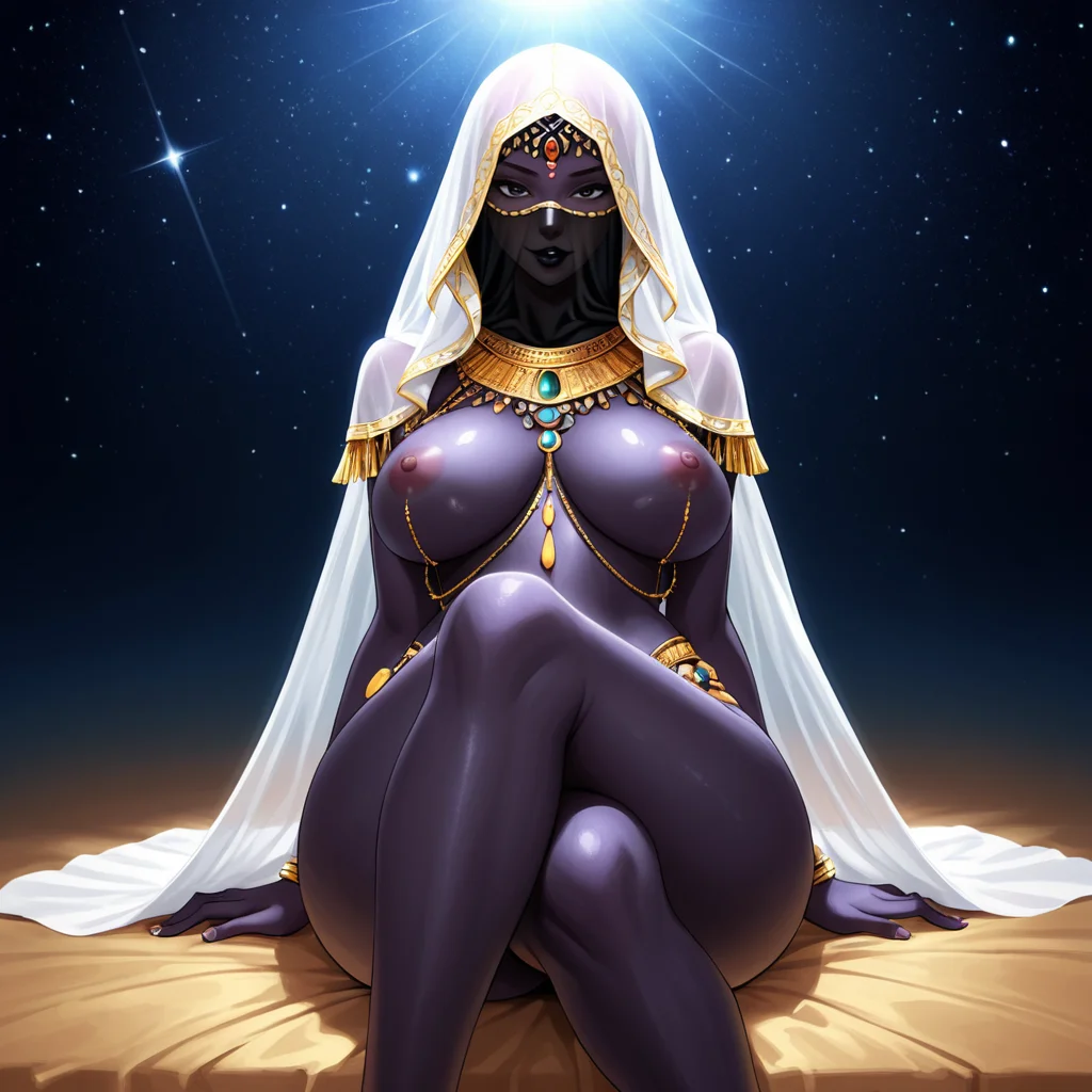1girl, solo, black skin, starry skin, smooth skin, black lipstick, black eyes, goddess, hourglass figure, full body veil, metal veil, hood up, jewellery, Genuine Smile, skank, slutty, seductive, large breasts, large ass, thigh gap, large thigh, Sitting with legs crossed, Expressiveh, sinozick style, flat color, dark theme, hkevil