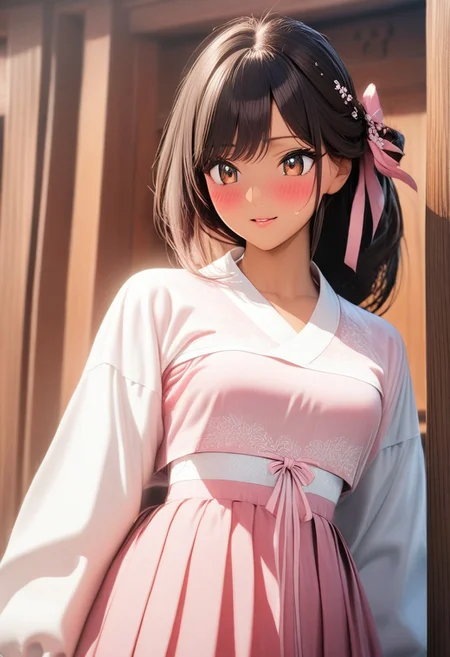 gorgeous lips, cinematic, (masterpiece), (best quality), (ultra-detailed), very aesthetic, illustration, perfect composition, intricate details, absurdres, detailed face, (anime, masterpiece, intricate:1.3), (best quality, hires textures, high detail, ultra detailed background:1.2), brown eyes, 1girl, tan skin, very long black hair, half ponytail, wavy hair,medium breasts, perfecteyes, 8k, highest quality, ultra details,1girl, solo(pink and white korean style hanbok, pink hanbok top, white and pink hanbok skirt,:1.4), pink hair ribbon, slippers,wooden dining room, ancient korean wooden village home, cooking meat on a metal pan, calm, smile, sweat, cinematic lighting, hair blowing in the wind, hanbok skirt blowing in wind, blush, holding chopsticks, (from front:1.4), cowboy shot, evening time,
