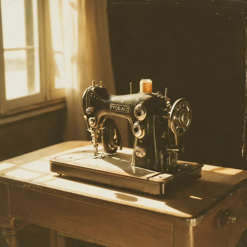 polaroid film photography, faded film, soft focus, vintage sewing machine