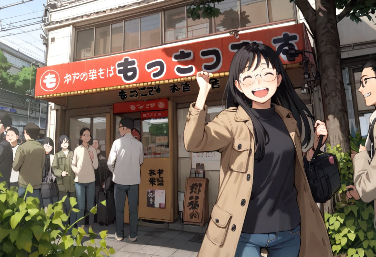masterpiece, best quality, very aesthetic, absurdres,
1girl, solo, glasses, black hair, long hair, field jacket, jeans, black bag, smile, laughing, looking at viewer, solo focus,
moccos, scenery, storefront, japan, multiple boys, outdoors, real world location, scenery, 6+boys, plant, building, tree
 <lora:moccos_ramen_JAPAN_storefront_SDXL_V2:0.8> <lora:col_xl:0.6>