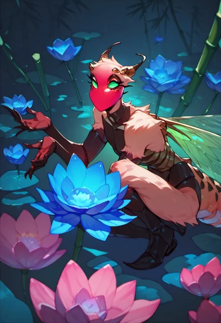 score_9, score_8_up, score_7_up, score_6_up, dark faerie, flying at night, beautiful face with insect eyes, heavy black boots, highly detailed, blue lotus blossom, bamboo, insect wings, monster boy, cyan and magenta, colored skin, soft fur