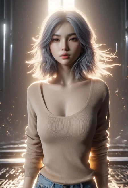 Graphics Unreal Engine 5, 3D Modeling, UV Mapping, Texture, Rendering, Graphics quality ray tracing, Particle System, 3D Manufacturing Formats, A character with an hourglass body wearing shorts clothes with high to low view, a colder color grading, cinematic color, cinematic lightings, fresh colors, hot,sexy,breast,thunder lights. 4k resolution, ultra HDR, and ghostly beauty, glowing clones