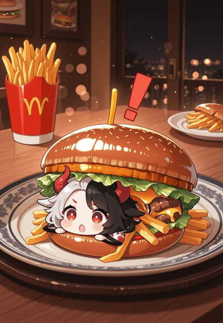 CIF-Illu, (chibi), foodification, food_focus,
ushizaki_urumi, !, shock, surprised, open mouth, v-shaped eyebrows, :o,
hamburger, in hamburger, hands, [on stomach], plate, french_fries,
[bokeh, restaurant, night, dim lighting, light particles], shiny, lighting,
absurdres, high_quality, newest, incredibly_absurdres, very aesthetic
