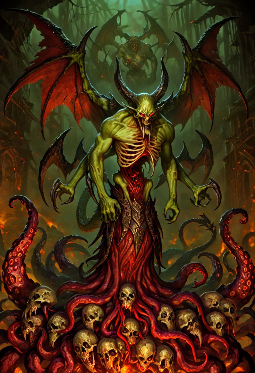 masterpiece, best quality, newest, absurdres, highres, 
D3-ART-V1.0, 
1boy, monster, monster boy, eldrich, eldrich horror, tentacles, green skin, green colored skin, tusks, fangs, sharp teeth, wings, demon wings, tail, demon, demon boy, unead, zombie, ribs, skull,
