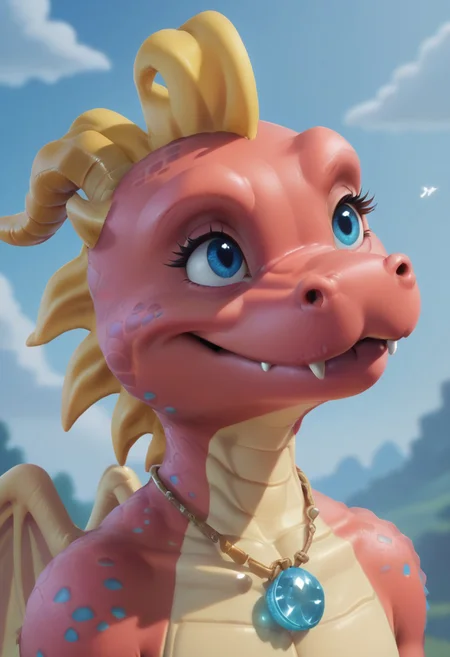 score_9, score_8_up, score_7_up, score_6_up, score_5_up, score_4_up, cassie \(dragon tales\), solo, wings, dragon, necklace, jewelry, female, no humans, looking up, horns, blue eyes, outdoors, anthro, fangs, closed mouth, colored skin, sky, day, arms at sides, scalie, blue sky, red skin, fangs out, standing, cloud, smile