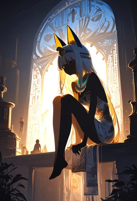 (masterpiece, best quality), (score_9, score_8_up, score_7_up,source_anime), 4K8K, high res image, Uncorrected, white print, lineart print, print, 
from front, upperbody, portrait, 
Ankha_(Animal_Crossing), (solo:1.3), 
(animals), silhouette, backlit, backlighting, dark night, Porcelain Mix Gold, pmg style, 
(golden lines, white silhouette skin, Skin like porcelain), 
sitting, bent over, spreading legs, Arms between legs, Porcelain wall, (small stature, petite:1.3), (breasts:1.1), (white hair, verry long hair, cat ears),
(wearing Porcelain clothing, Porcelain Egyptian-style dress),