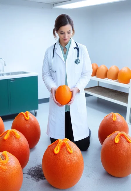 fchgr, blood orange style, xenoegg, view of a group of hatched xenoeggs, xenoeggs made of orange peel, horror theme, green light, space station interior, foggy ground, beautifully lit,
Female Doctor in lab coat inspecting eggs