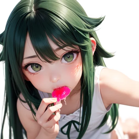 1girl, barefoot, face focus, green_eyes, (green_hair:1.4), long_hair, (saya_\(saya_no_uta\):1.5), (saya no uta:1.2), (white_sleeveless_dress:1.2), very_long_hair, (white_background:1.4), (green hairy ear:1.2),white_dress, (saya_saya:1.5) ,wariza, (eating oumi jelly:1.2), (outwardly flipped hair:1.5),