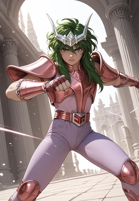 score_9, score_8_up, score_7_up, masterpiece, andrshunv2, 1boy, slender figure, pauldrons, silver circlet, long wavy green hair, green eyes, armor, vambraces, fingerless gloves, boots, pink kneepads, white-violet pants, belt, (((action pose))), (highly detailed:1.2), (intricate:1.2), (best quality:1.2),(8k:1.2), (sharp:1.2), (majestic:1.2), natural lighting, detail++, greek temple backdrop, looking at viewer,