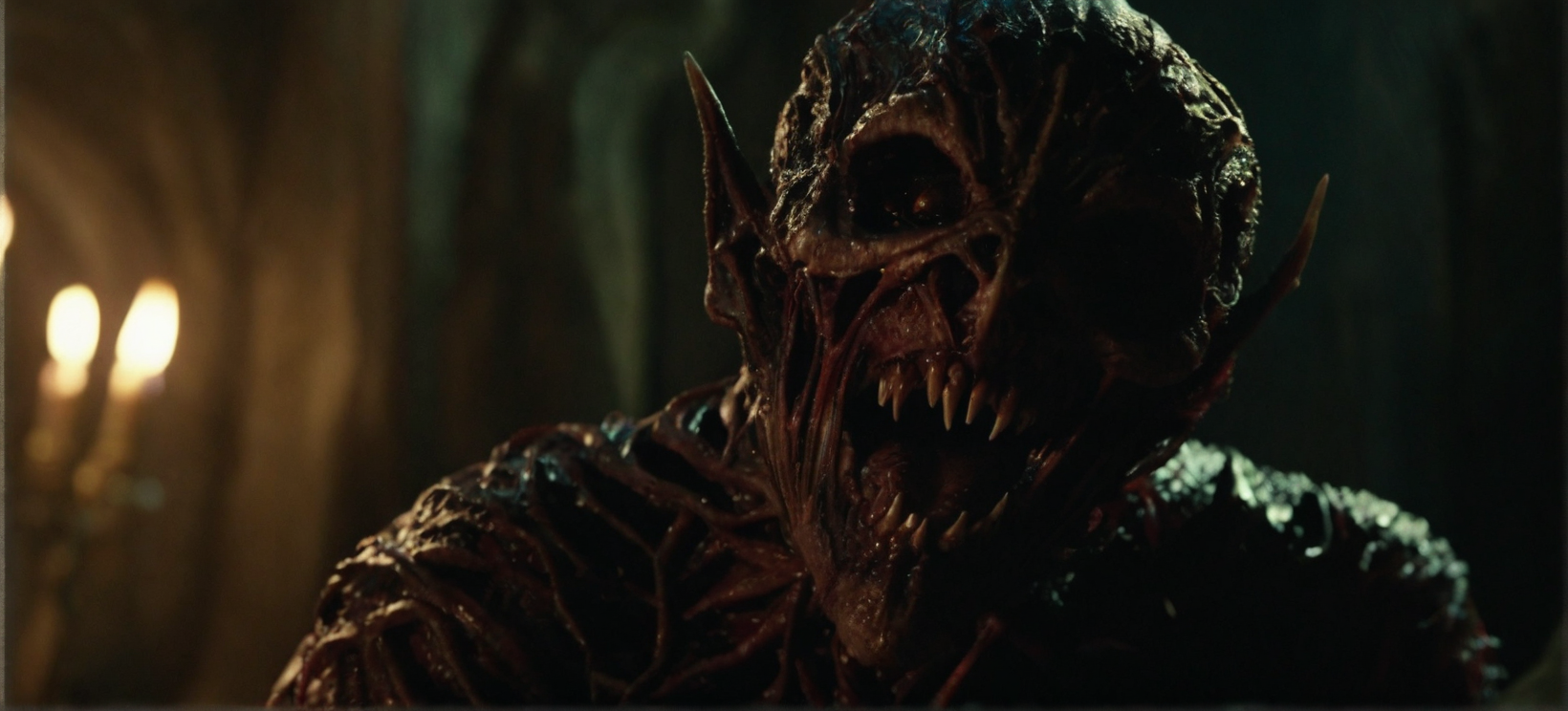 A claustrophobic, cinematic film still of a demon-possessed individual's contorted, veiny neck, the skin crawling with an unholy, supernatural energy as they succumb to the dark forces consuming their body.

