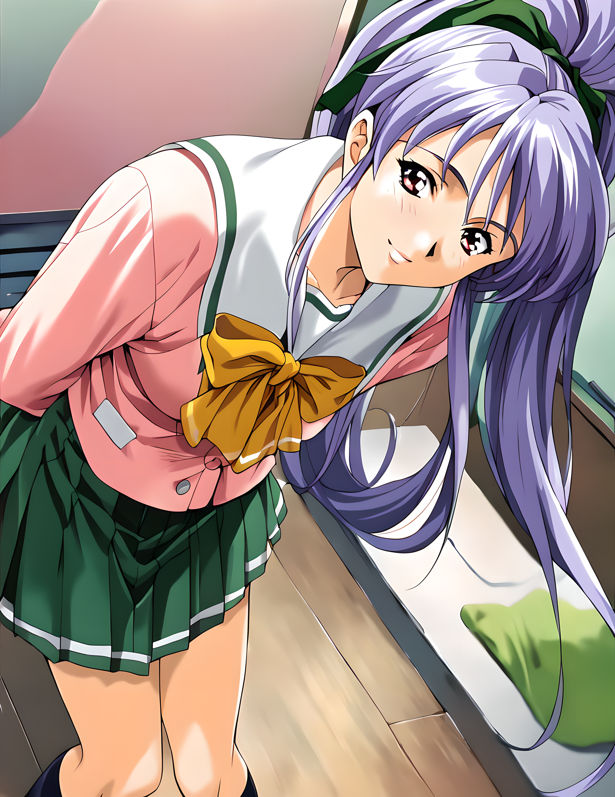 <lora:pony_XL_takabe:0.8>,takabe,score_9,score_8_up,score_7_up,source_anime,1girl,gentle,smile,:d,school_uniform,arms_behind_back,leaning_forward,