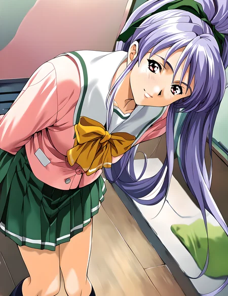 <lora:pony_XL_takabe:0.8>,takabe,score_9,score_8_up,score_7_up,source_anime,1girl,gentle,smile,:d,school_uniform,arms_behind_back,leaning_forward,