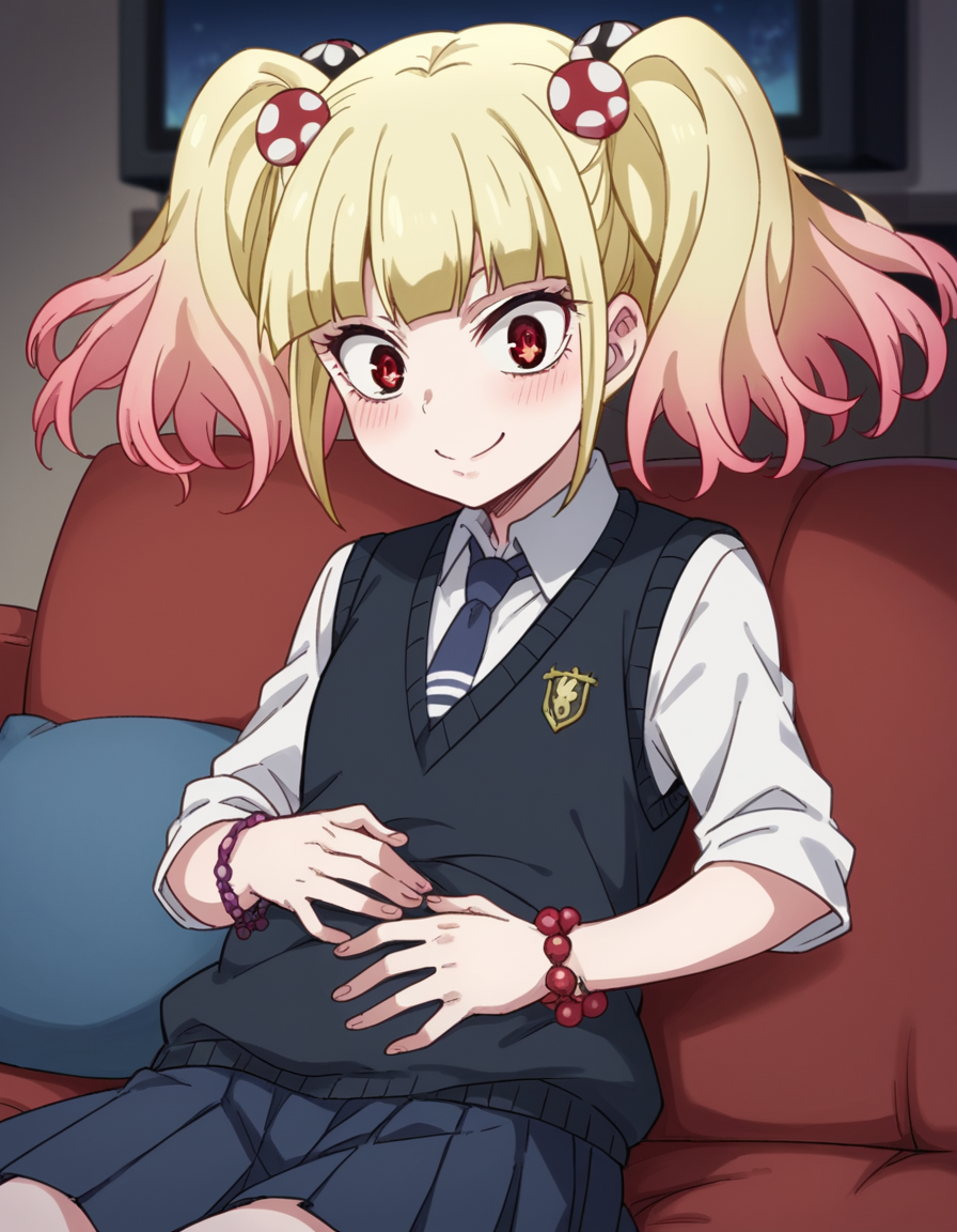 score_9, score_8_up, score_7_up, source_anime, <lora:yuria-niguredou-s1-ponyxl-lora-nochekaiser_r1:1>, yuria niguredou, bangs, blonde hair, hair ornament, red eyes, twintails, pink hair, multicolored hair, gradient hair,, skirt, shirt, jewelry, school uniform, pleated skirt, necktie, bracelet, sweater vest, beads,, living room, television, couch, popcorn, watching movie, night time, sitting,, smile, , hand on stomach, blush,, solo,, dutch angle, cowboy shot