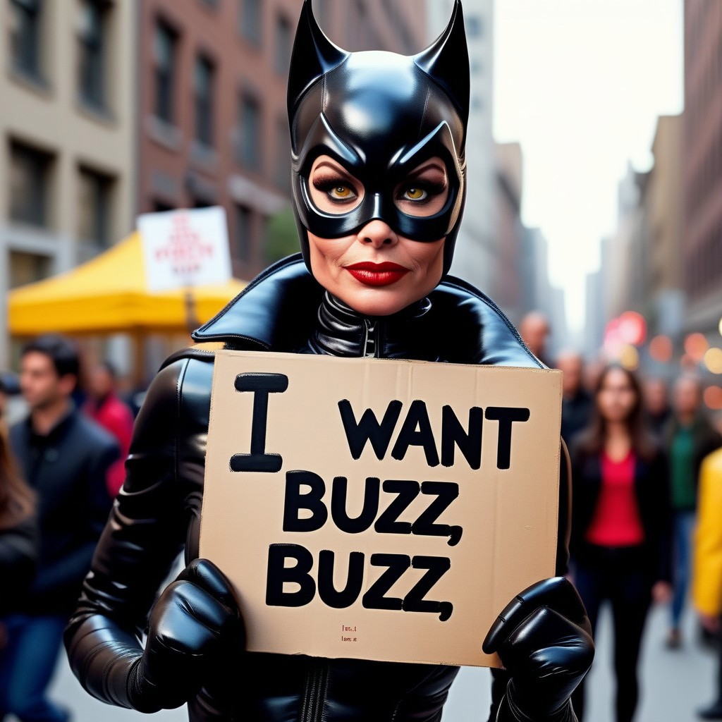 buzz, iconic catwoman with a sign with text "i want buzz" <lora:buzz-text:.85>