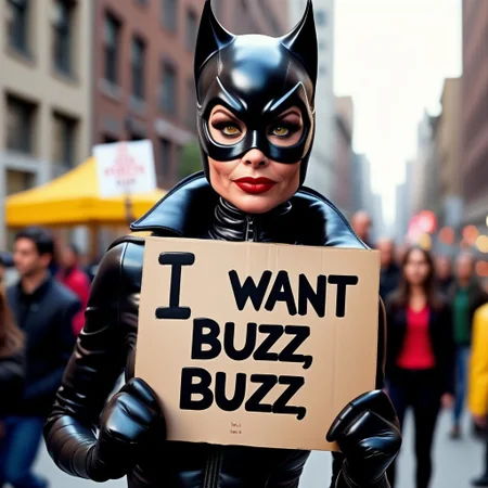 buzz, iconic catwoman with a sign with text "i want buzz" <lora:buzz-text:.85>