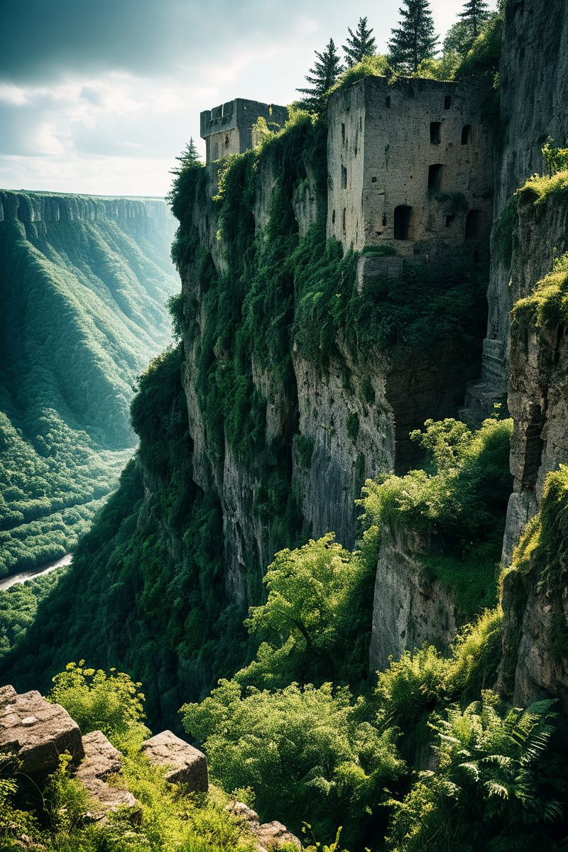 (((a ruined citadel standing on the edge of a precipice, overlooking a vast, deep chasm.))), Vivid Greens, Lush Nature: natural lighting, green tones, sharp focus, vibrant ambiance, lush elements, rich textures, fresh look, lively atmosphere, natural aesthetics, capturing nature's beauty, rejuvenating emotions, vibrant scenes, artistic feel, storytelling through colors, professional technique, striking visuals, nature-inspired concept, lush styling, vibrant environment, surreal aesthetics, captivating narratives, intricate details, forest landscape, editorial storytelling, natural glows, evoking freshness, pushing creative vision <lora:add-detail-xl:2> <lora:Cosine_freck:1>