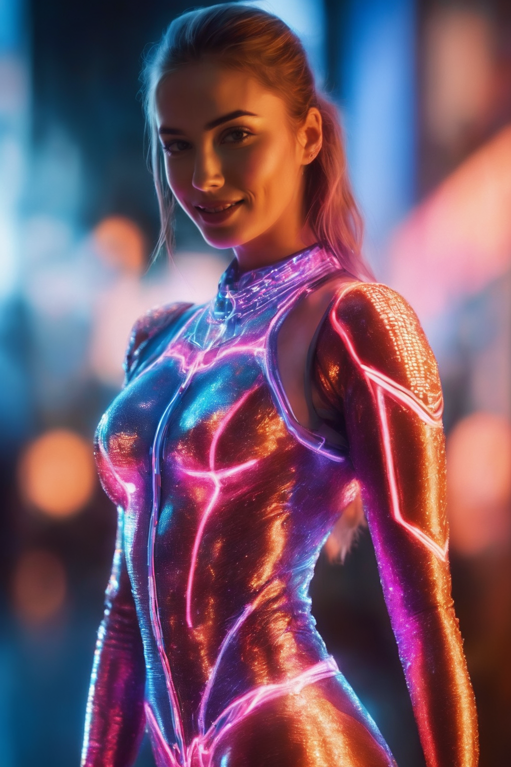 ((Masterpiece, best quality)),photography, detailed skin, realistic, photo-realistic, 8k, highly detailed, full length frame, High detail RAW color art, diffused soft lighting, shallow depth of field, sharp focus, hyperrealism, cinematic lighting,smiling,
 a woman in a skin tight bodysuit,wearing edgFut_clothing,((electrical circuits, neons,skin))
 <lora:edgFuturisticXL:0.9>