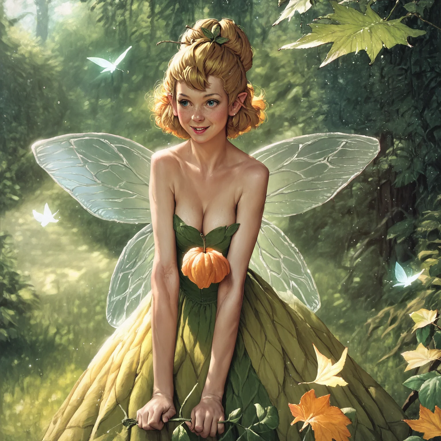 1girl, solo, tinker bell, norman rockwell style, fairy, wings, leaf dress, detailed face, in forest,

score_9, score_8_up, score_7_up, score_6_up, score_5_up, score_4_up, rating_safe,