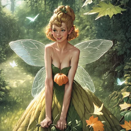 1girl, solo, tinker bell, norman rockwell style, fairy, wings, leaf dress, detailed face, in forest,

score_9, score_8_up, score_7_up, score_6_up, score_5_up, score_4_up, rating_safe,