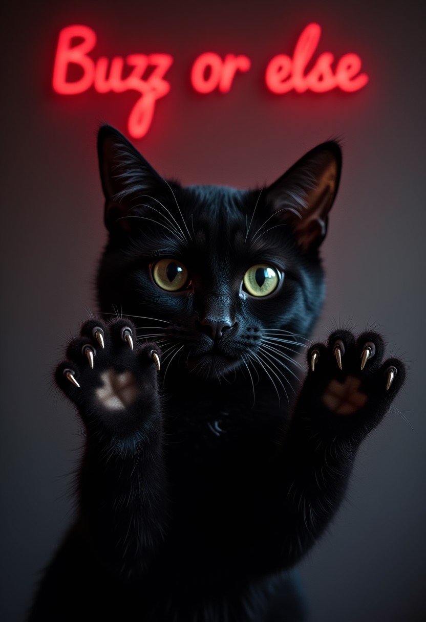 A close-up photo of a black cat showing its claws, red dripping text on top of the screen "Buzz or else", 4k, photorealism,photo,real, uhd
