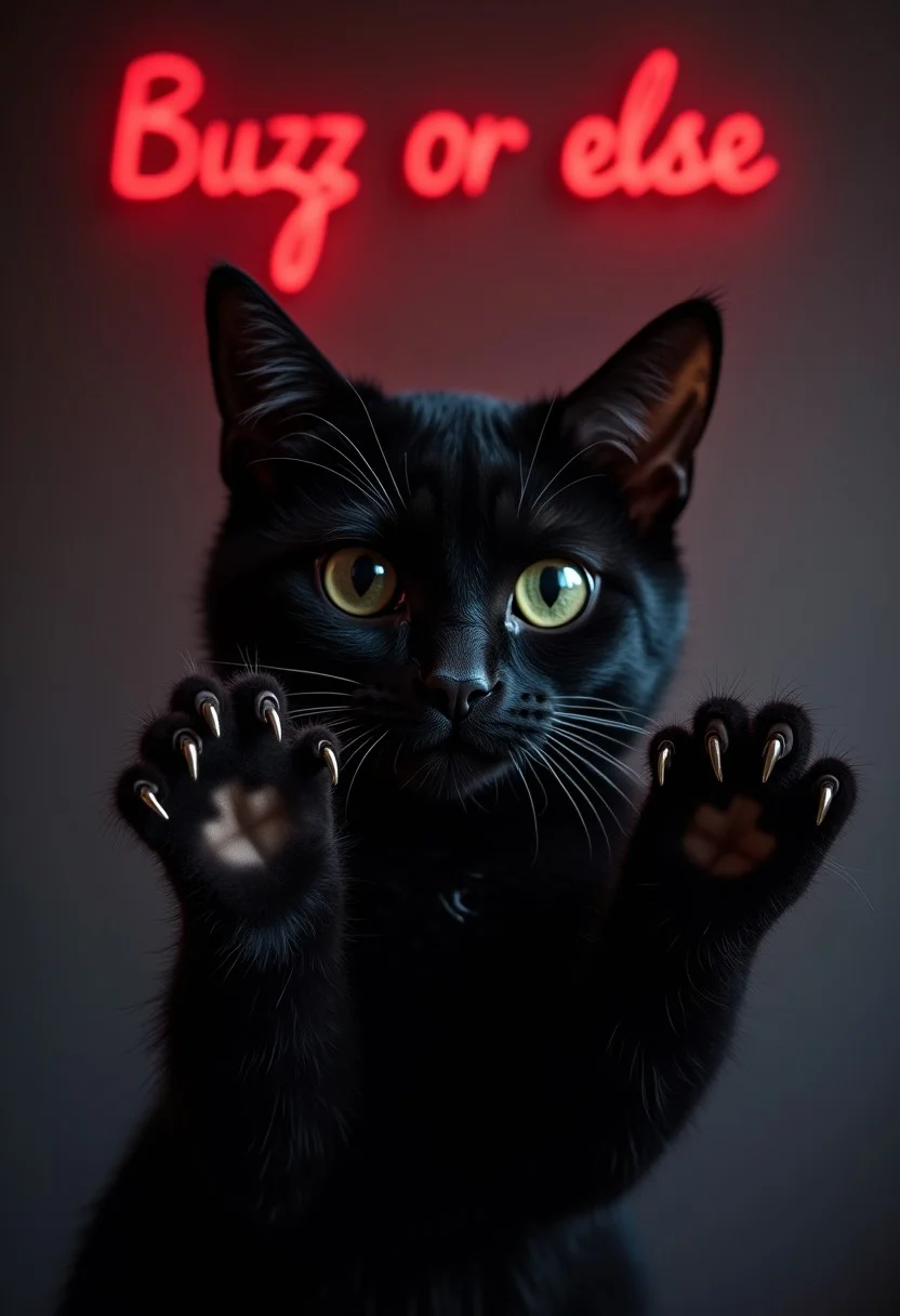 A close-up photo of a black cat showing its claws, red dripping text on top of the screen "Buzz or else", 4k, photorealism,photo,real, uhd