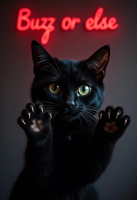 A close-up photo of a black cat showing its claws, red dripping text on top of the screen "Buzz or else", 4k, photorealism,photo,real, uhd