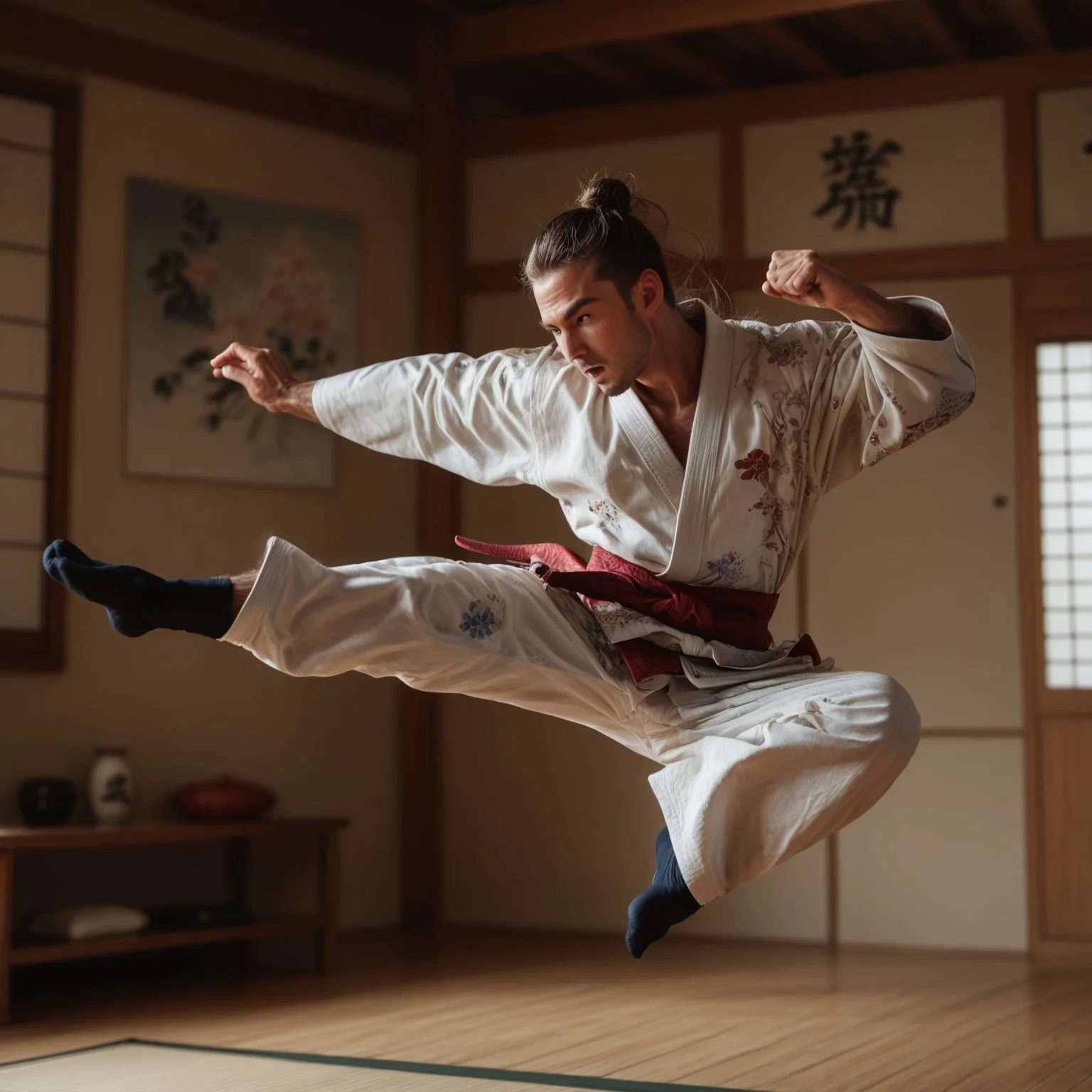 (((score_9, score_8_up, score_7_up))), ((( highly detailed, masterpiece, perfect, detailed, hd, )))
,
((( Jumkicmb, jumping, flying kick, kicking )))
,
((( 1boy, solo, kimono, handsome )))
,
((( )))
,
((( Indoors, dojo )))
,
((( Best view )))
,
(( ))
,
((( )))
,
()