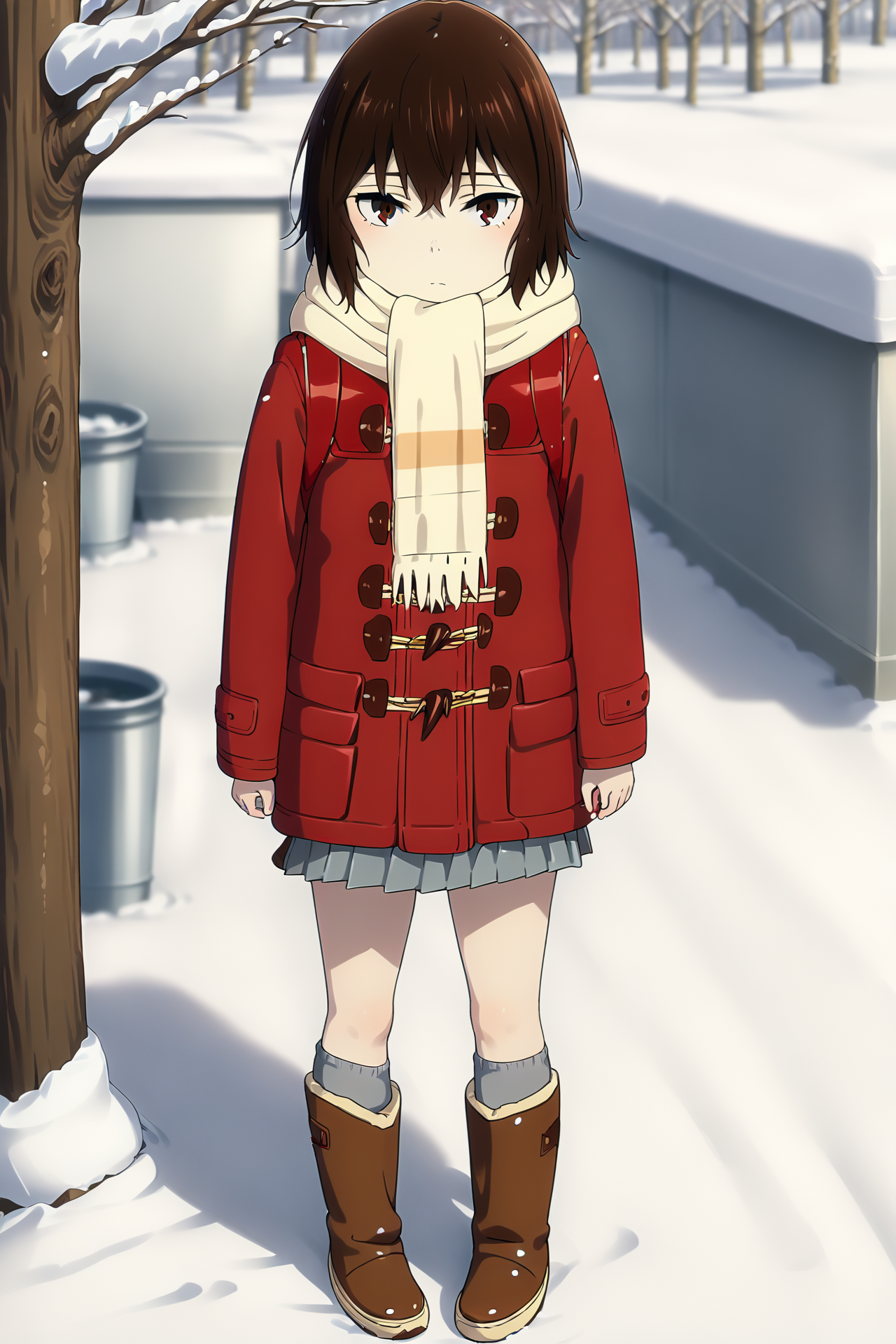 sharp focus, pixiv masterpiece, intricate details,  expressionless, source_anime,  score_8_up, score_7_up, score_9, kayo_hinazuki, full body, <lora:kayohinazuki_pony_xl_0.2-000013:1>, winter, outside, full body, red coat, scarf, backpack, grey_mini_skirt, brown boots, grey socks, looking at viewer