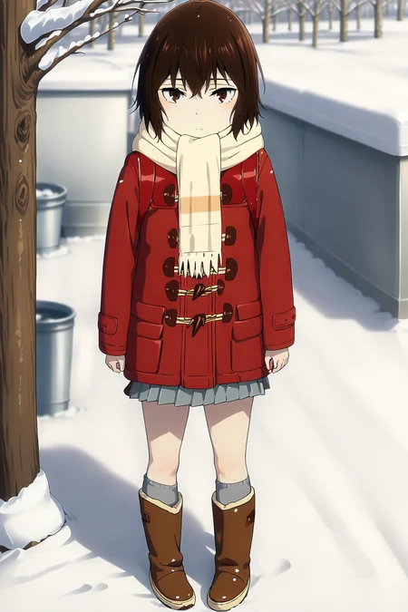 sharp focus, pixiv masterpiece, intricate details,  expressionless, source_anime,  score_8_up, score_7_up, score_9, kayo_hinazuki, full body, <lora:kayohinazuki_pony_xl_0.2-000013:1>, winter, outside, full body, red coat, scarf, backpack, grey_mini_skirt, brown boots, grey socks, looking at viewer