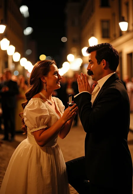 A woman in her early 20s is bent down on one knee. She is holding an open ring box. She is asking a man to marry her. A man in his early 20s is standing with a thick mustache twisted into a curl. The man looks surprised and happy, raising his hands to his face. They are both dressed as people from the 19th century. The setting is a 19th century street at night. It is nighttime and the light comes from gas streetlights. The lighting is dramatic and professional. The style is realistic and comical, very humorous. A masterpiece, perfect and with many intricate details.