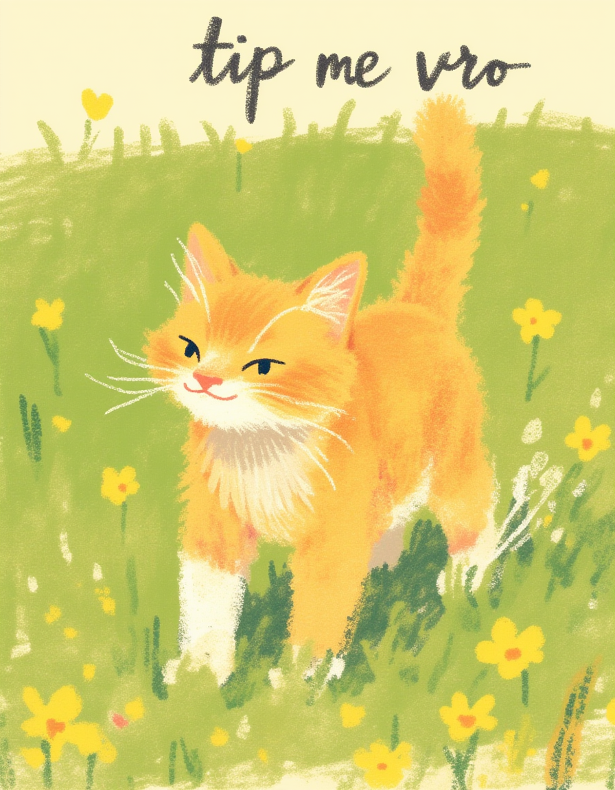 A small orange cat running in the garden, rushing into the camera from the right, front half of the body, side view, snapshot, afterimage, staring at viewer, photograph, Above the cat, the word "tip me vro" is written in a playful, black, handwritten font.  <lora:qiu_crayon:1> crayon