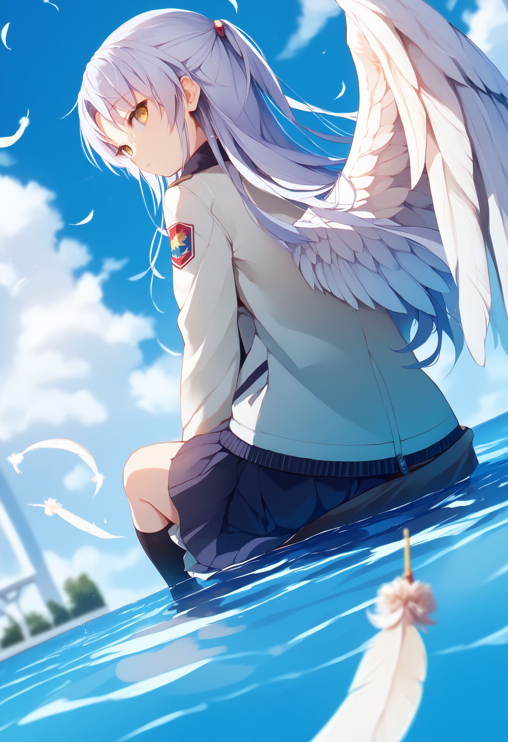 score_9, score_8_up, score_7_up, score_6_up, best quality, masterpiece,
tachibana kanade, 1girl, yellow eyes, solo,
feathered wings, feathers, white wings, angel wings, flight feathers, large wings, folded wings,
skirt, jacket, sitting, long sleeves, socks, ripples, water, long hair, sky, silver hair, cloud, black footwear, white jacket, shoes, kneehighs,
from behind, looking back,
dutch angle, depth of field, foreshortening, close-up
<lora:avian_mge_concepts_v11:1>