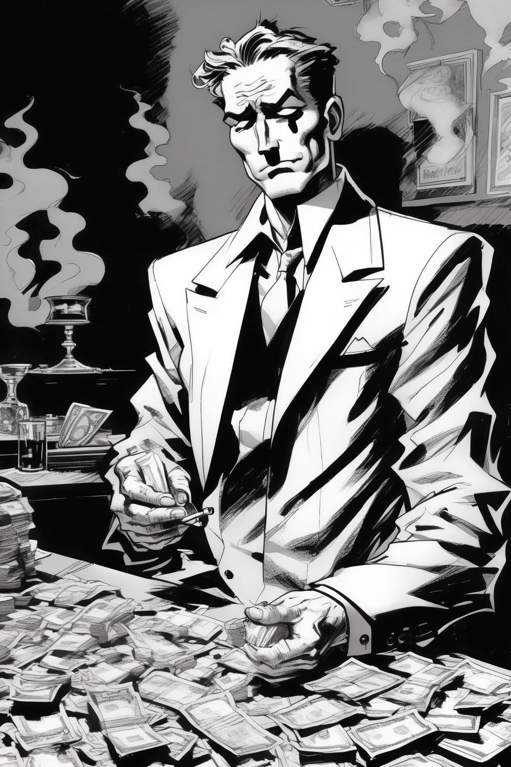 <lora:Will Eisner Style:1>Will Eisner Style - black and white, jim lee drawing cartoon of man counting money looking rich smoking a cigar