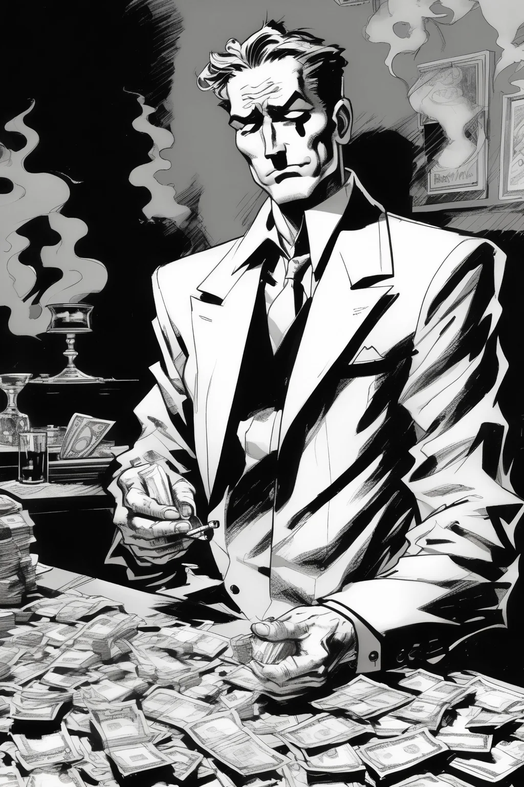 <lora:Will Eisner Style:1>Will Eisner Style - black and white, jim lee drawing cartoon of man counting money looking rich smoking a cigar
