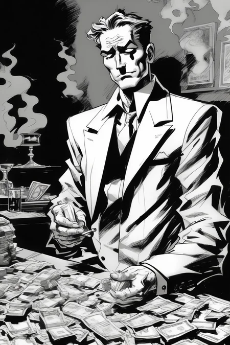 <lora:Will Eisner Style:1>Will Eisner Style - black and white, jim lee drawing cartoon of man counting money looking rich smoking a cigar