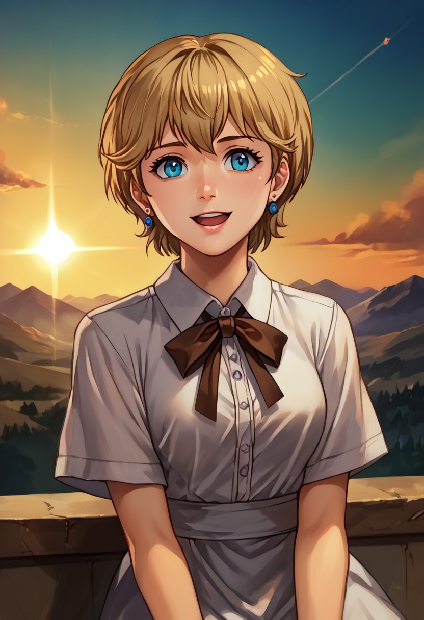 score_9, score_8_up, score_7_up, source_anime,
, (best quality) , (highly detailed) ,masterpiece ,absurdres ,detailed face ,beautiful face ,
<lora:pony_xl_Hildegard:0.8>,Hildegard,score_9,score_8_up,1girl,female,kawaii,solo,short hair,earrings blond hair
  hair ribbon, white dress, long dress, collared shirt, yellow shirt, short sleeves, neck ribbon, brown ribbon, gloves, dutch angle, head tilt, smile, happy, open mouth, looking at viewer, sitting, sunrise, sunlight, lens flare, gradient sky, backlighting, mountainous horizon, depth of field, perspective,
best quality, masterpiece, very aesthetic, ,,(portrait, upper body),
OverallDetail
