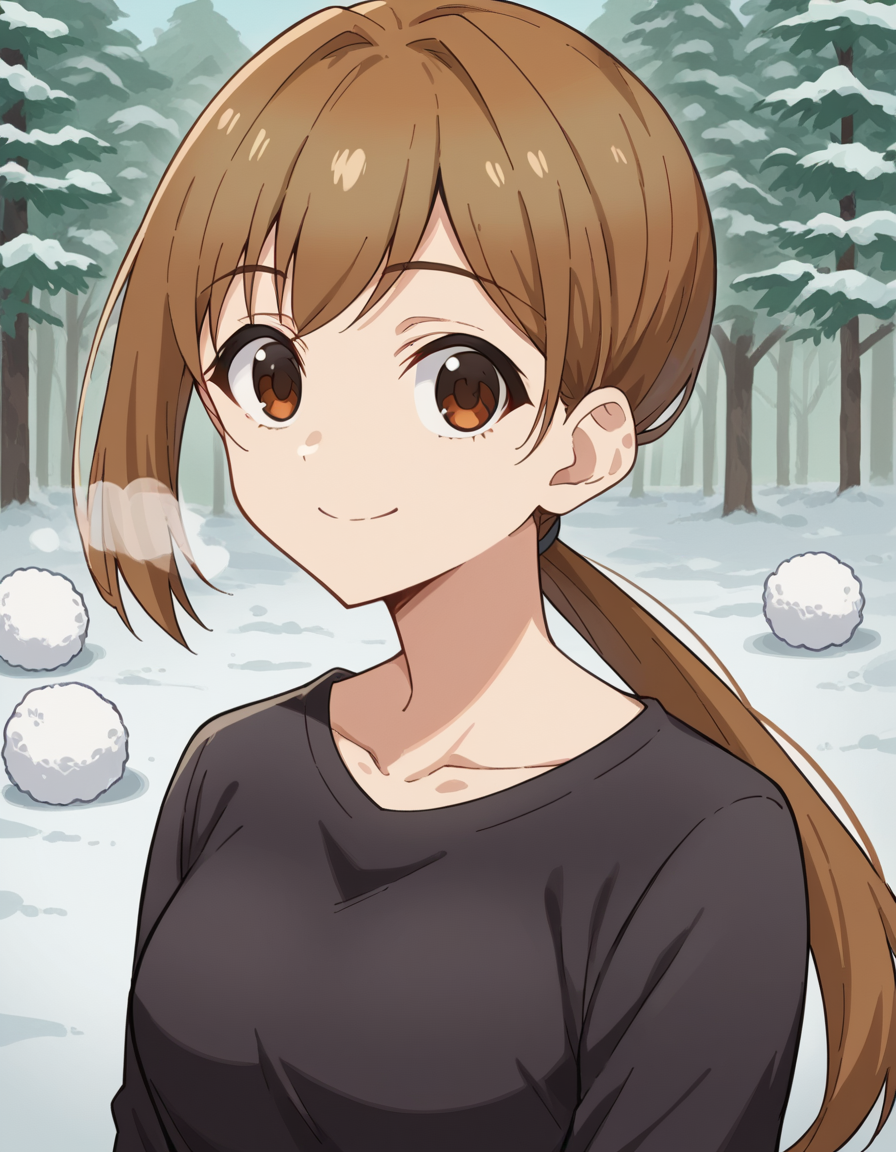 score_9, score_8_up, score_7_up, source_anime, <lora:shikanoko-ukai-s1-ponyxl-lora-nochekaiser:1>, ukai, bangs, brown hair, brown eyes, ponytail, medium breasts,, shirt, black shirt, long sleeves, collarbone, pants,, snow day, winter clothes, snowball fight, laughter, cold breath, white landscape, smile, looking at viewer, undefined, solo,, cowboy shot, dutch angle