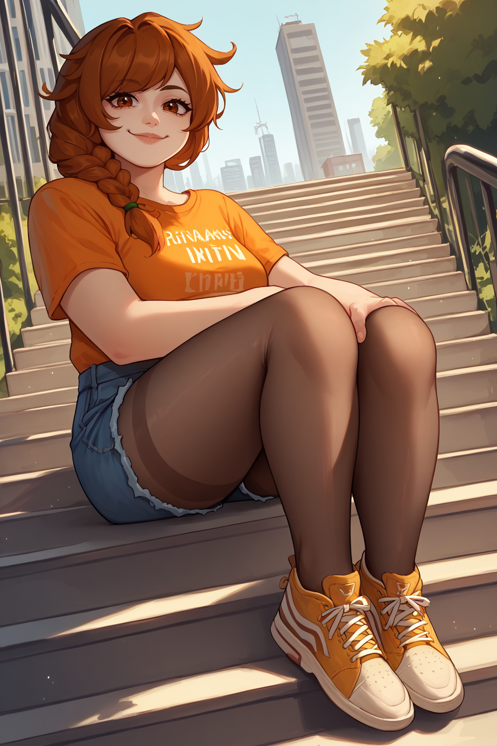 score_9, score_8_up, score_7_up, BREAK 1girl, solo <lora:NSMarnieStardew:1> NSMarnieStardew, single braid, brown eyes, brown hair, curvy, make-up, graphic tee, orange t-shirt, denim shorts, pantyhose under shorts, pantyhose, sitting, stairs, outdoors, city, sneakers, dutch angle, full body, from below, looking at the viewer, smug