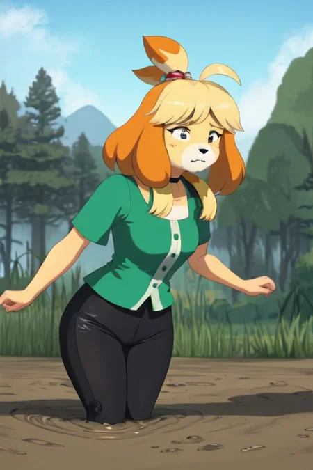 isabelle \(animal crossing\), (masterpiece, best quality:1.15), 1girl, solo, large breasts, high cheekbones, thick eyebrows, small mouth, looking to the side, leaning forward, adjusting clothes, tight leggings, green crop top shirt, starry nights, long hair, twin short braids, scared, partially submerged, struggling, farmland bog, quicksand