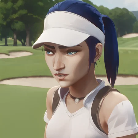 arcane, caitlyn, blue hair, blue eyes, 1girl, solo, bangs, pony tail, golf outfit, standing on golf course, white visor <lora:caitlyn-v2:0.9>