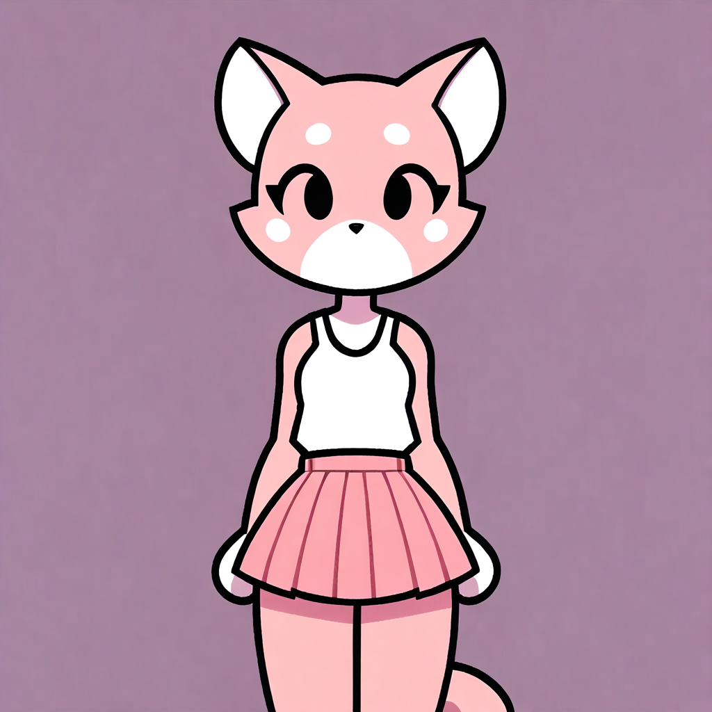 score_9, score_8_up, rating_suggestive, furry_female, felid, (shima luan:1.2), faceless, no_face, pink skirt, front, standing, cute, <lora:ShimaPDXL:0.8>, , minimalstyle, <lora:PonyMinimalStyle:1>, cel shading