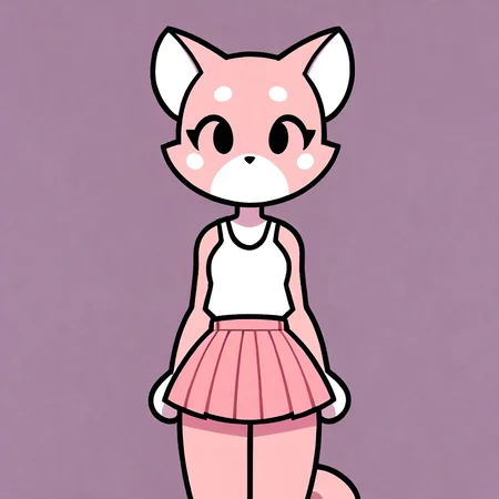 score_9, score_8_up, rating_suggestive, furry_female, felid, (shima luan:1.2), faceless, no_face, pink skirt, front, standing, cute, <lora:ShimaPDXL:0.8>, , minimalstyle, <lora:PonyMinimalStyle:1>, cel shading