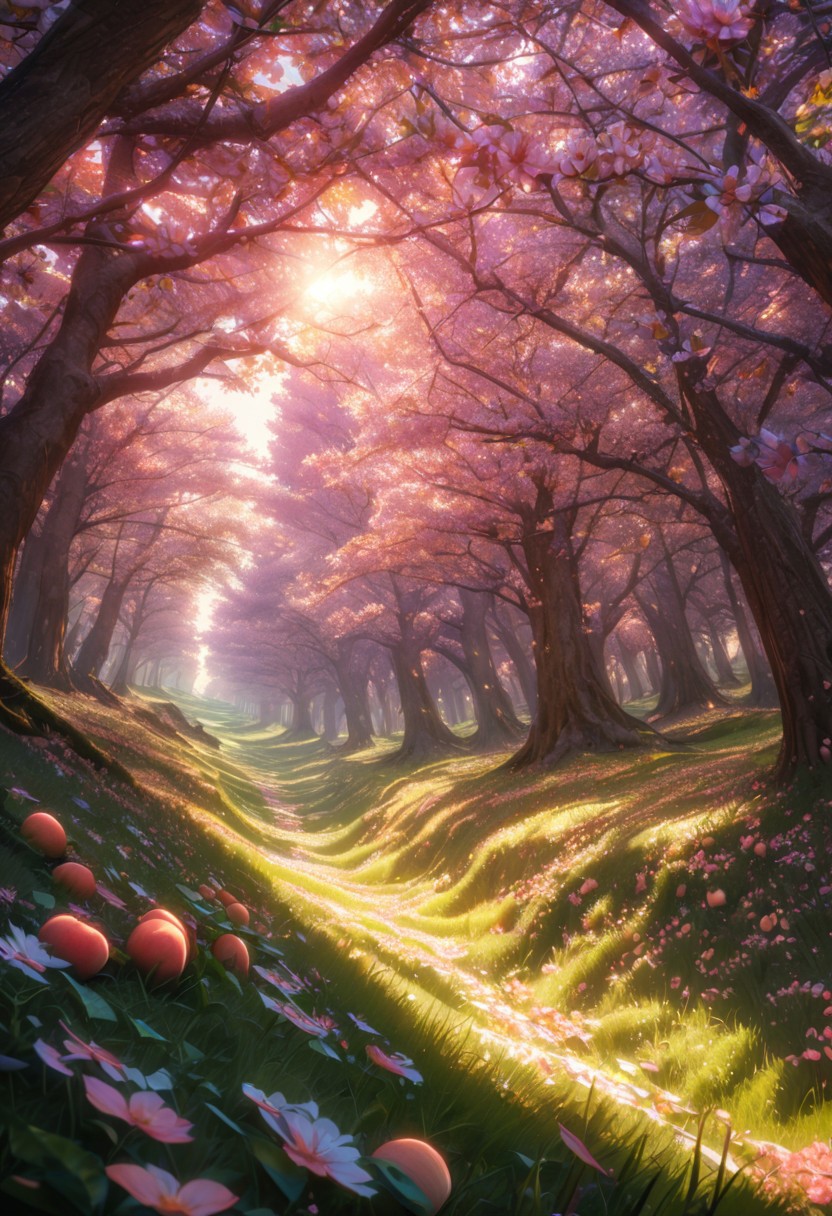 (raytracing, best quality, 8k, high res, masterpiece:1.2, picnic on grass), photorealistic, ultra-detailed, vibrant photography of a picturesque peach orchard at sunset, The trees are heavy with ripe, glistening peaches in shades of red, green, and gold, their leaves a vibrant, healthy green. Sunlight filters through the branches, casting a warm, golden glow over the entire scene. Delicate peach blossoms still cling to some branches, adding a touch of soft pink and white to the landscape. The ground is covered with a lush carpet of grass and wildflowers, with fallen peaches scattered about. A rustic wooden fence borders the orchard, and in the background, rolling hills and distant mountains are bathed in the warm, fading light of the setting sun. A gentle breeze rustles the leaves and carries the sweet scent of apples through the air. This idyllic scene captures the serene beauty and abundance of nature in exquisite detail. (dynamic angle, cinematic lighting, ethereal atmosphere:1.1), (extremely detailed:1.2), (vivid colors:1.3), (perfect composition:1.2), (sharp focus, stunning realism:1.2)
