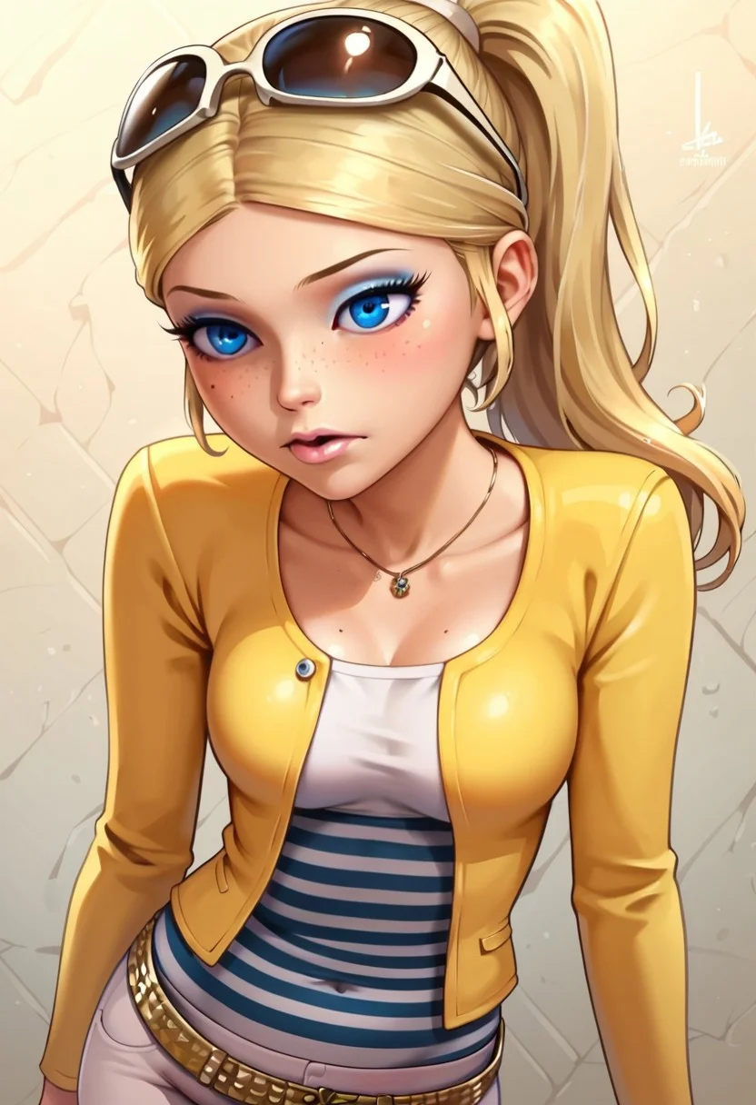 , score_9, score_8_up, score_7_up, score_6_up, score_5_up, score_4_up ,breasts, blue eyes, breasts, medium breasts, source_cartoon, 2D, face, detailed eyes, bright blue eyes, (petite body), (athletic tummy:0.8), (huge breast:0.8),
(sexy pose:1.4), (teasing:1.4)
1girl, solo, erotic aesthetics, unique angle, detailed background, semi realistic, source_cartoon, modern
imtdchloeb, 1girl, blonde hair, blue eyes, jewelry, necklace, makeup, ponytail, eyeshadow, eyelashes, freckles on face, freckles
imtdchloeb, 1girl, blonde hair, blue eyes, sunglasses on head, jewelry, necklace, makeup, striped shirt, ponytail, eyeshadow, yellow jacket, capri pants, belt, white pants, eyelashes